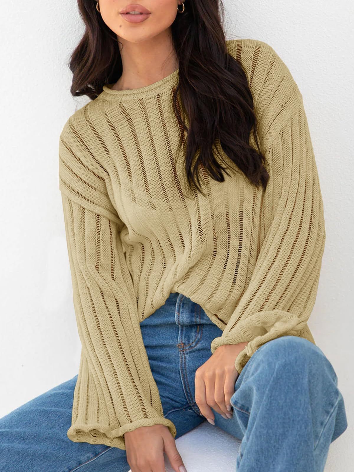 Womens Long Sleeve Sweaters Crewneck Knit Pullover Tops 2024 Spring Casual Lightweight Crochet Blouse Shirt