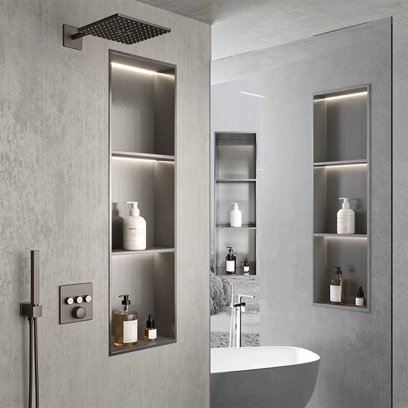 Bathroom Black Uni Shelf Stainless Steel Triple Wall Recessed Lighted Insert Green Light White Shelves Shower Niche