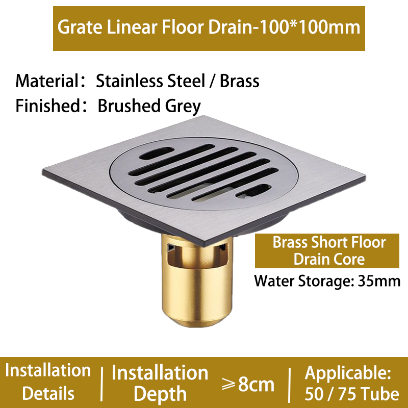 High Quality Grating Bathroom Stainless Steel 304 Stainless Steel Floor Drain Cover Brushed Grey Plated Brass Shower Floor Drain