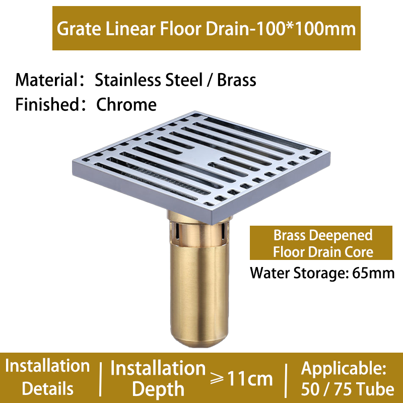 Bathroom Square Grille Linear 4 Inches Stainless Steel Floor Drain Small Size Floor Drain Anti-Odor Shower Brass Floor Drain