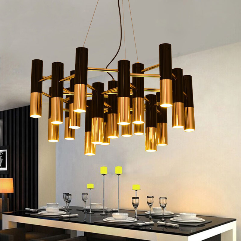 Modern black gold tube metal pendant light hotel living room hanging ceiling lamps decorative lobby chandelier