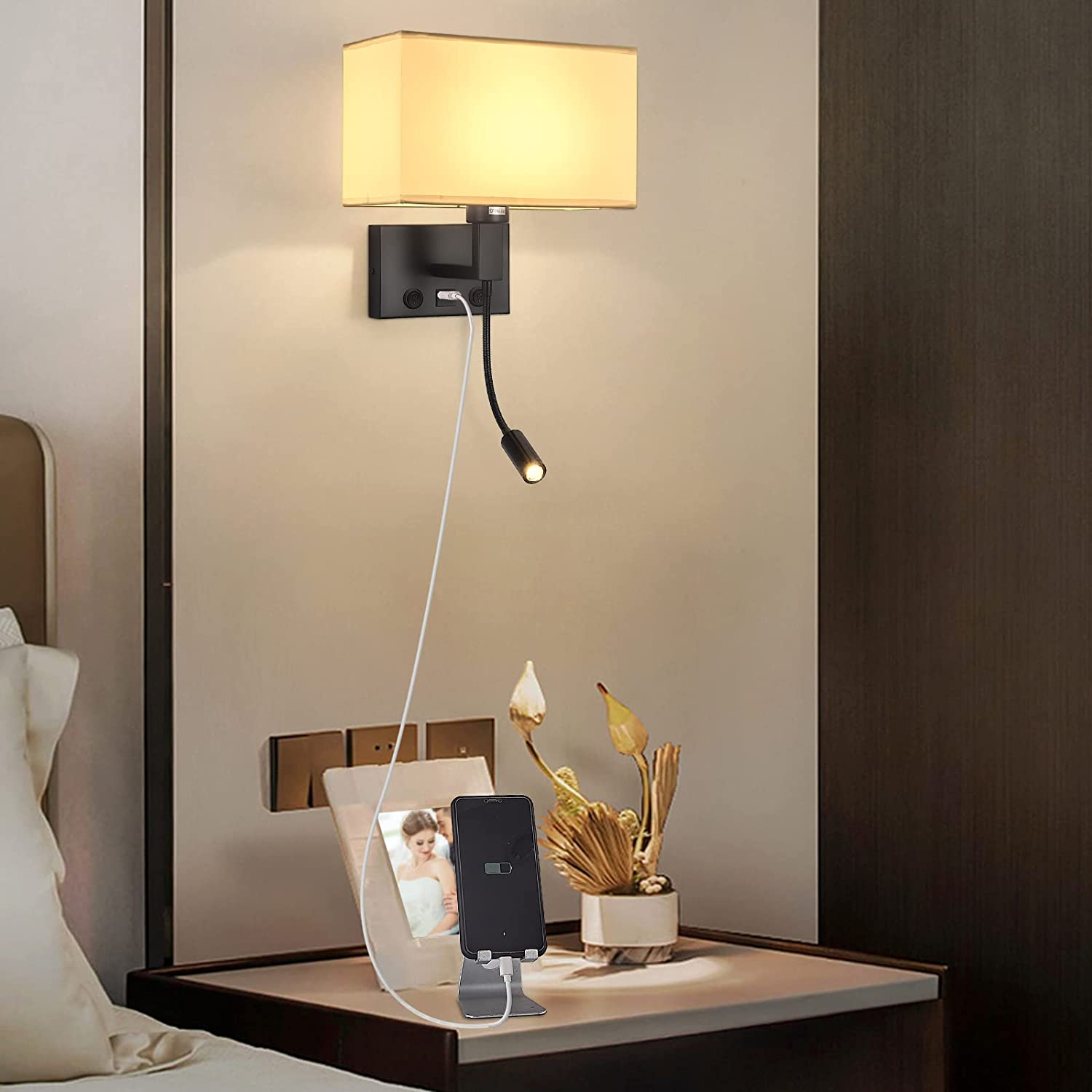 Black Wall Sconces Hardwired Wall Lamp with USB Port and Reading Lamp Fabric Shade Bedside Wall Lights with Switches for Bedroom