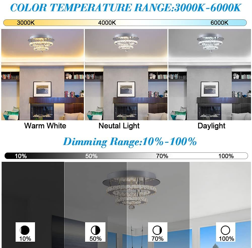 Crystal Dimmable Temperature Adjustable Ceiling Light Flush Mount Modern Contemporary Luxury LED Chandelier Lamp