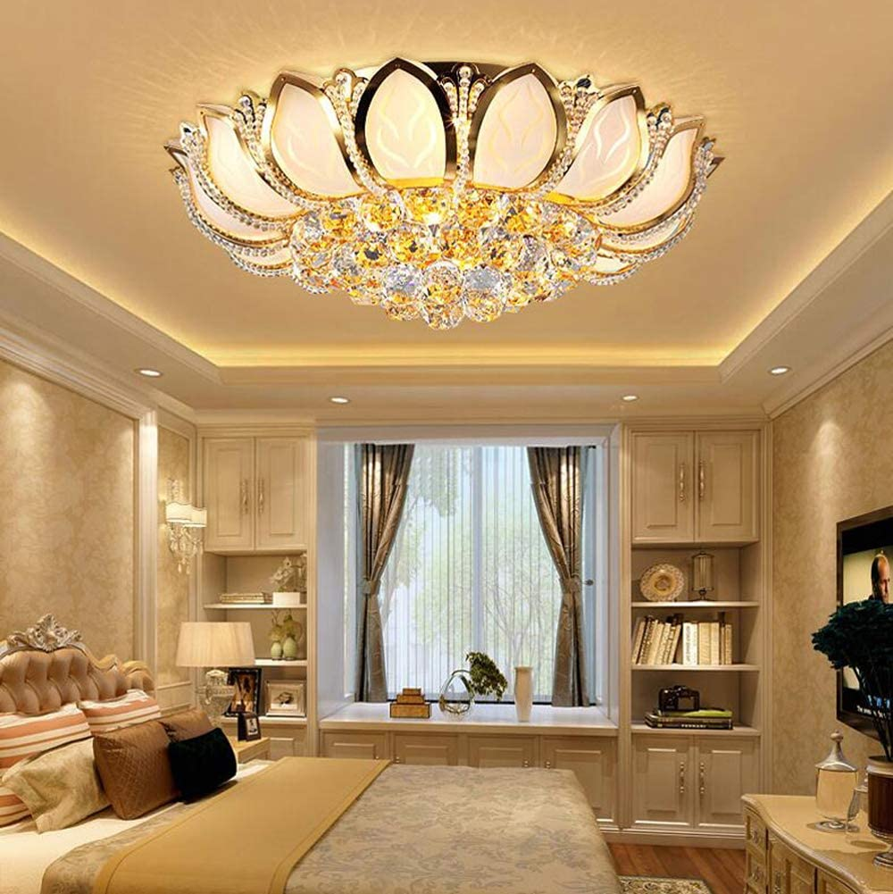 Luxury Crystal Indoor Modern Gold Flush Mount Ceiling Light Pendant Lamp Fixture for Living Room Dining Room and Bedroom