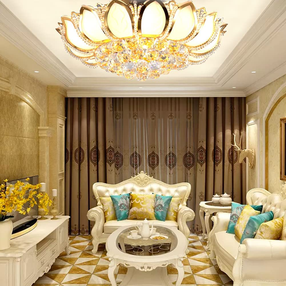 Luxury Crystal Indoor Modern Gold Flush Mount Ceiling Light Pendant Lamp Fixture for Living Room Dining Room and Bedroom