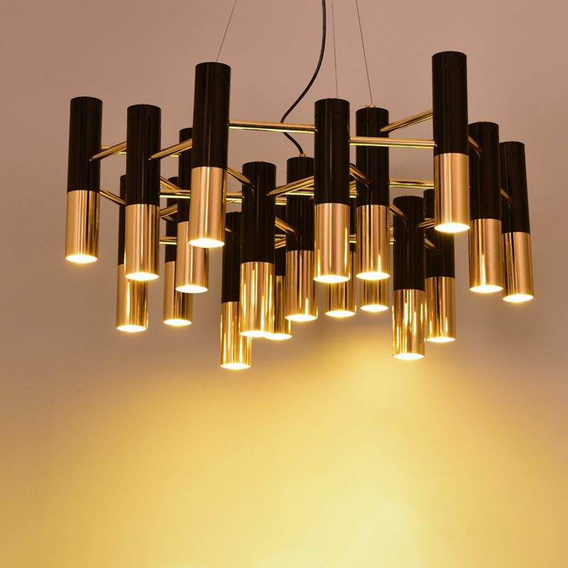 Modern black gold tube metal pendant light hotel living room hanging ceiling lamps decorative lobby chandelier