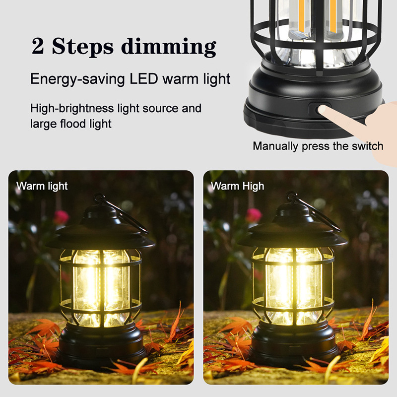 Outdoor Antique Waterproof Glass Led Portable Battery Operated Tent Camping Lantern Lights Lamp