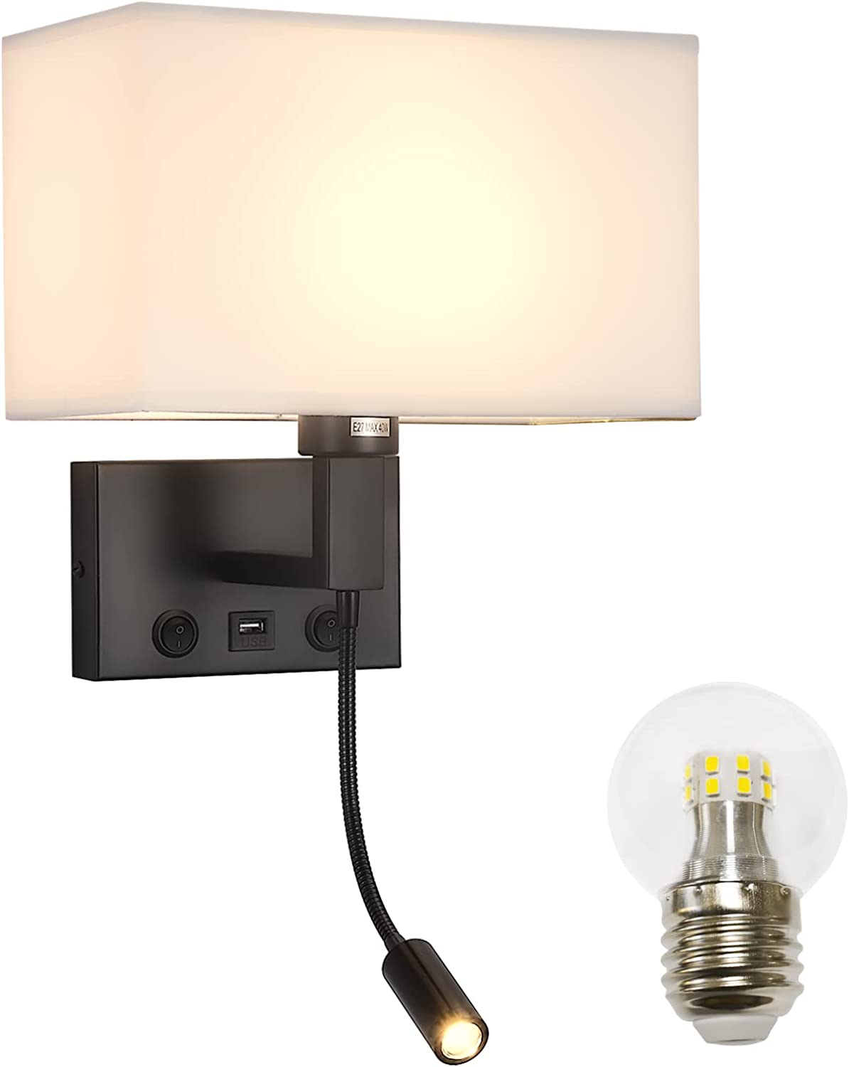 Black Wall Sconces Hardwired Wall Lamp with USB Port and Reading Lamp Fabric Shade Bedside Wall Lights with Switches for Bedroom