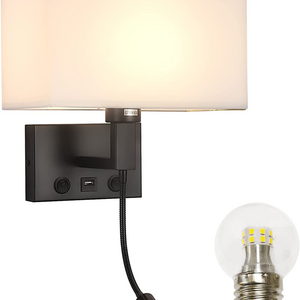 Black Wall Sconces Hardwired Wall Lamp with USB Port and Reading Lamp Fabric Shade Bedside Wall Lights with Switches for Bedroom