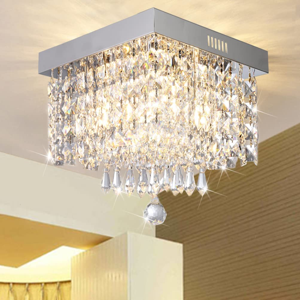 Contemporary Raindrop Crystal Ball Square Chandelier Lighting Pendant Ceiling Lamp Flush Mount Ceiling Light Fixture Chandelier