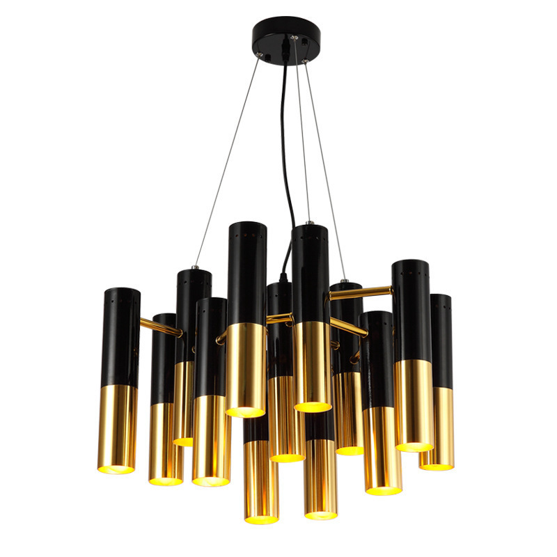 Modern black gold tube metal pendant light hotel living room hanging ceiling lamps decorative lobby chandelier