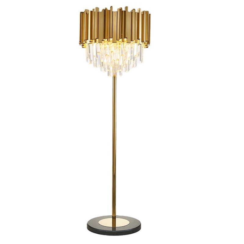 Hot Sale Golden Plated Stainless Steel Lighting Stand Floor Lamp with Clear Triangle Crystal Parts