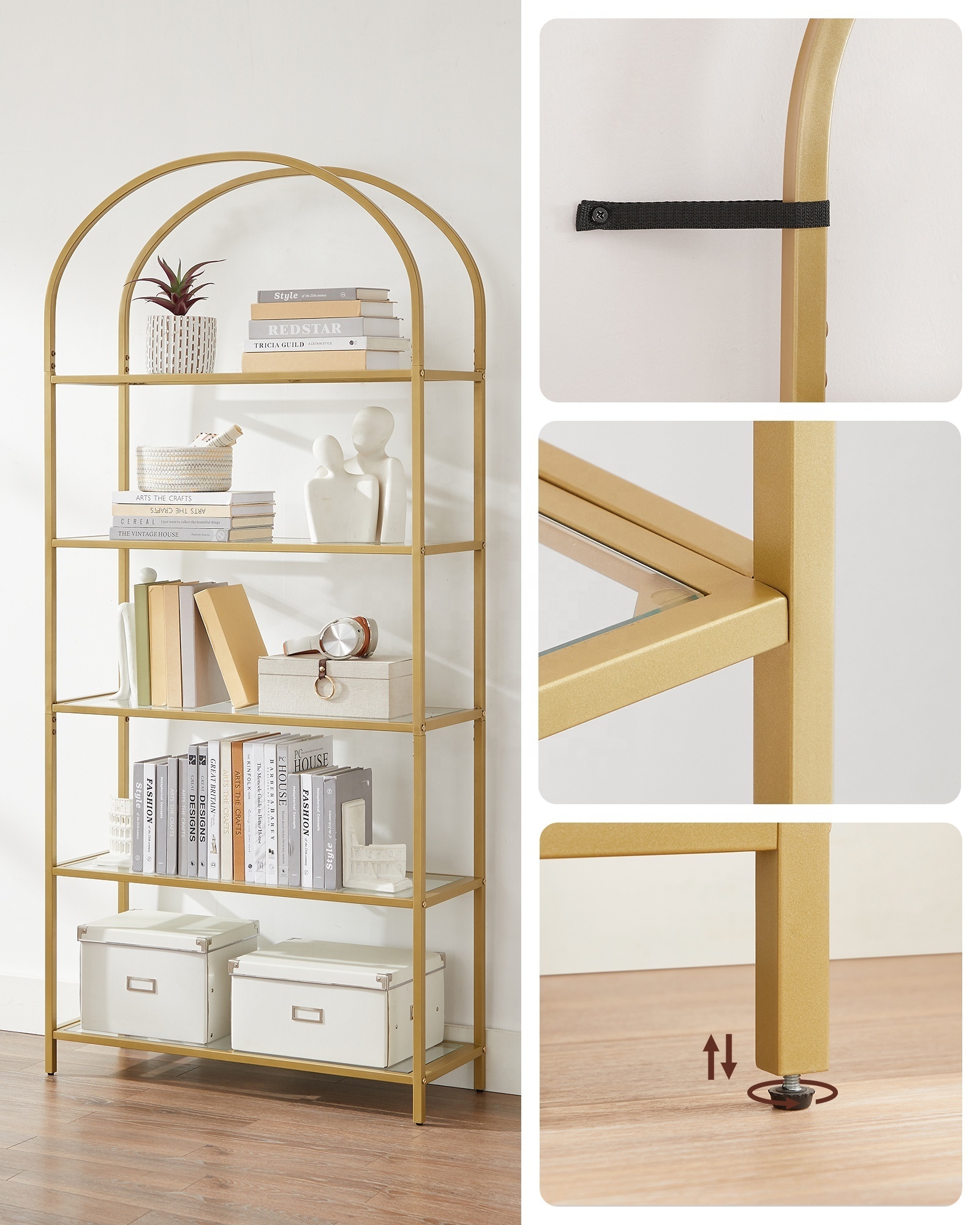 Odyhome 5-Tier Tall Home storage shelf Gold color Tempered Glass Shelving Unit for Living Room Bedroom Study Bathroom