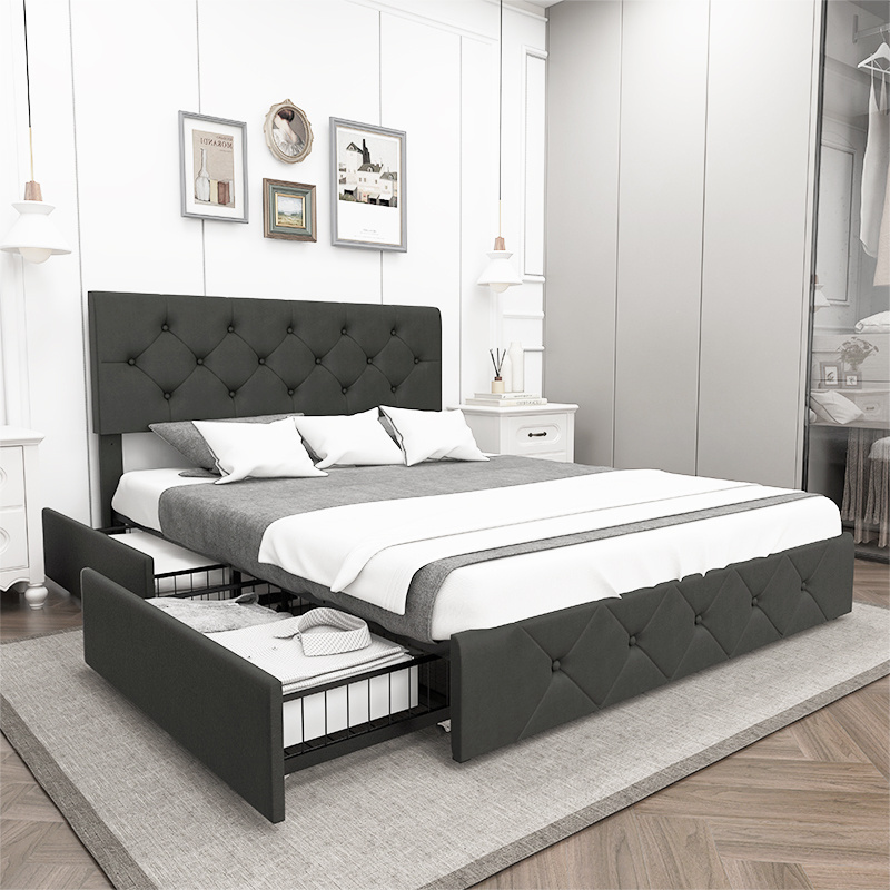 Odyhome DB434 gray leather queen size bed frame with storage bed modern bedroom furniture wooden bedframe double bed