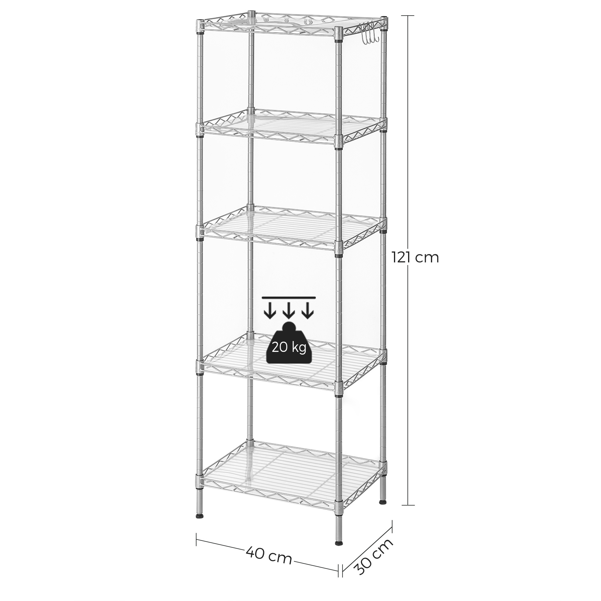 Odyhome Height-Adjustable Bathroom Shelf 5-Tier Wire Shelving Unit Kitchen Shelf Narrow Storage Rack with 4 Hooks