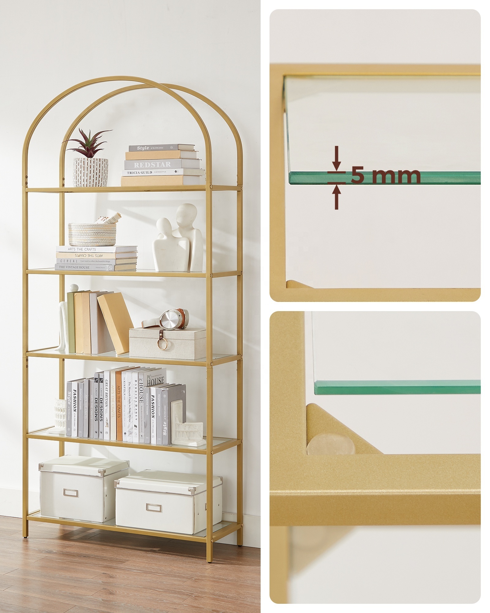 Odyhome 5-Tier Tall Home storage shelf Gold color Tempered Glass Shelving Unit for Living Room Bedroom Study Bathroom