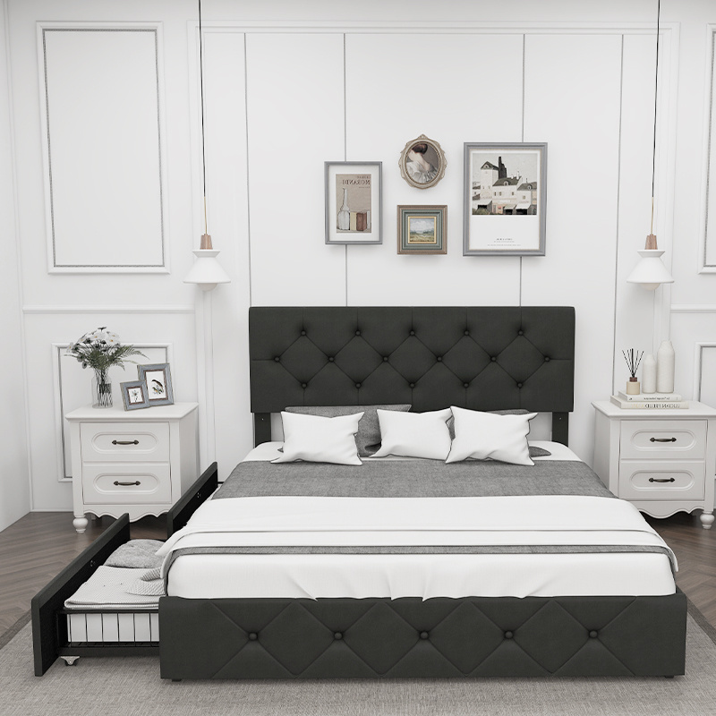 Odyhome DB434 gray leather queen size bed frame with storage bed modern bedroom furniture wooden bedframe double bed