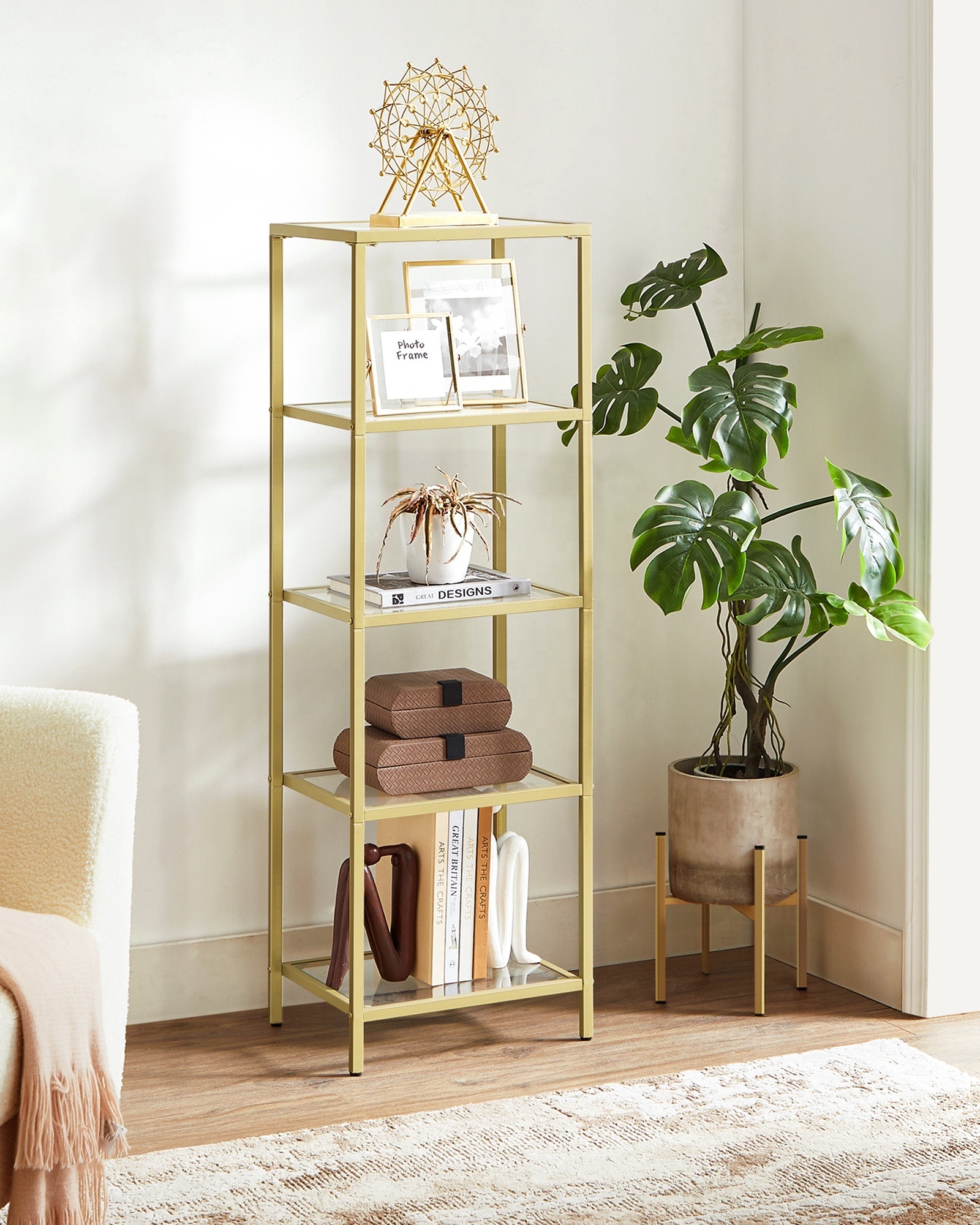 Odyhome Gold Color Shelving Unit 5 Tier Step Shelf with Steel Frame Slim Glass storage shelf for Bedroom Bathroom Home Office