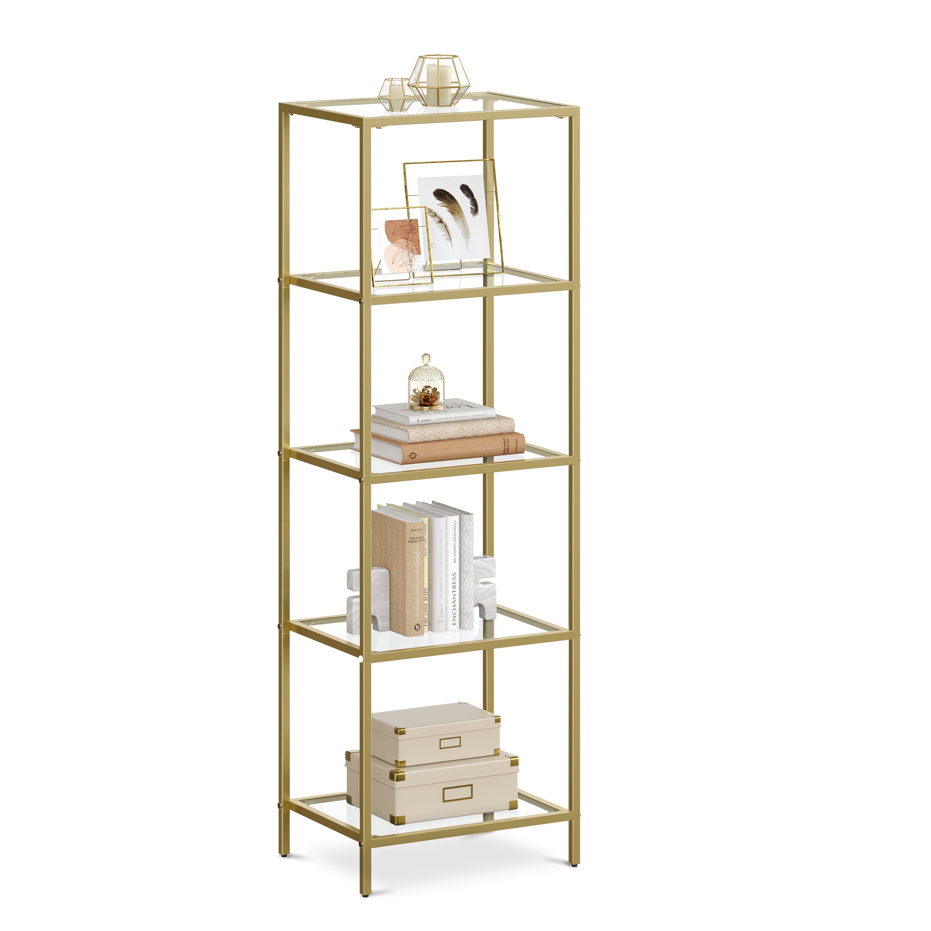 Odyhome Gold Color Shelving Unit 5 Tier Step Shelf with Steel Frame Slim Glass storage shelf for Bedroom Bathroom Home Office