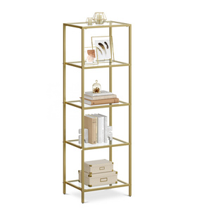 Odyhome Gold Color Shelving Unit 5 Tier Step Shelf with Steel Frame Slim Glass storage shelf for Bedroom Bathroom Home Office