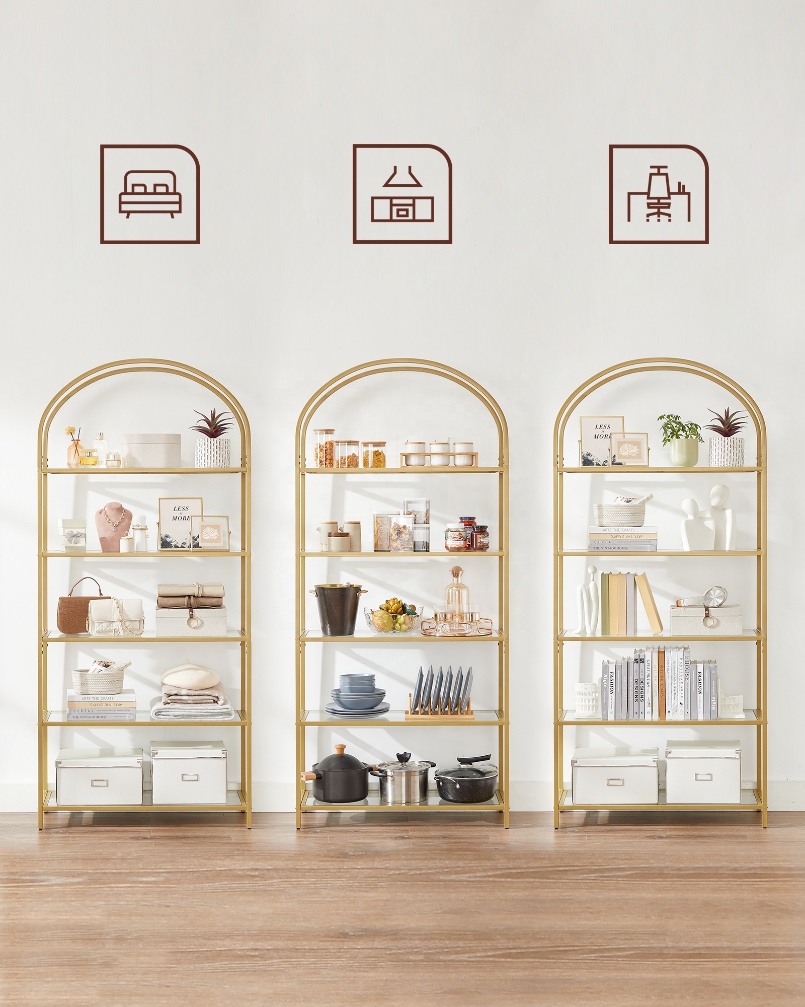 Odyhome 5-Tier Tall Home storage shelf Gold color Tempered Glass Shelving Unit for Living Room Bedroom Study Bathroom