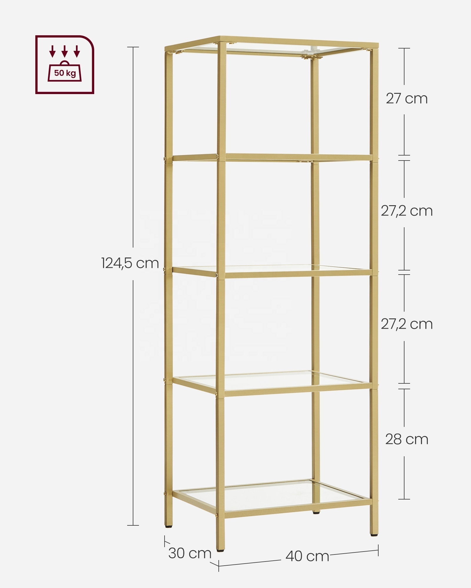 Odyhome Gold Color Shelving Unit 5 Tier Step Shelf with Steel Frame Slim Glass storage shelf for Bedroom Bathroom Home Office