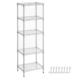 Odyhome Height-Adjustable Bathroom Shelf 5-Tier Wire Shelving Unit Kitchen Shelf Narrow Storage Rack with 4 Hooks