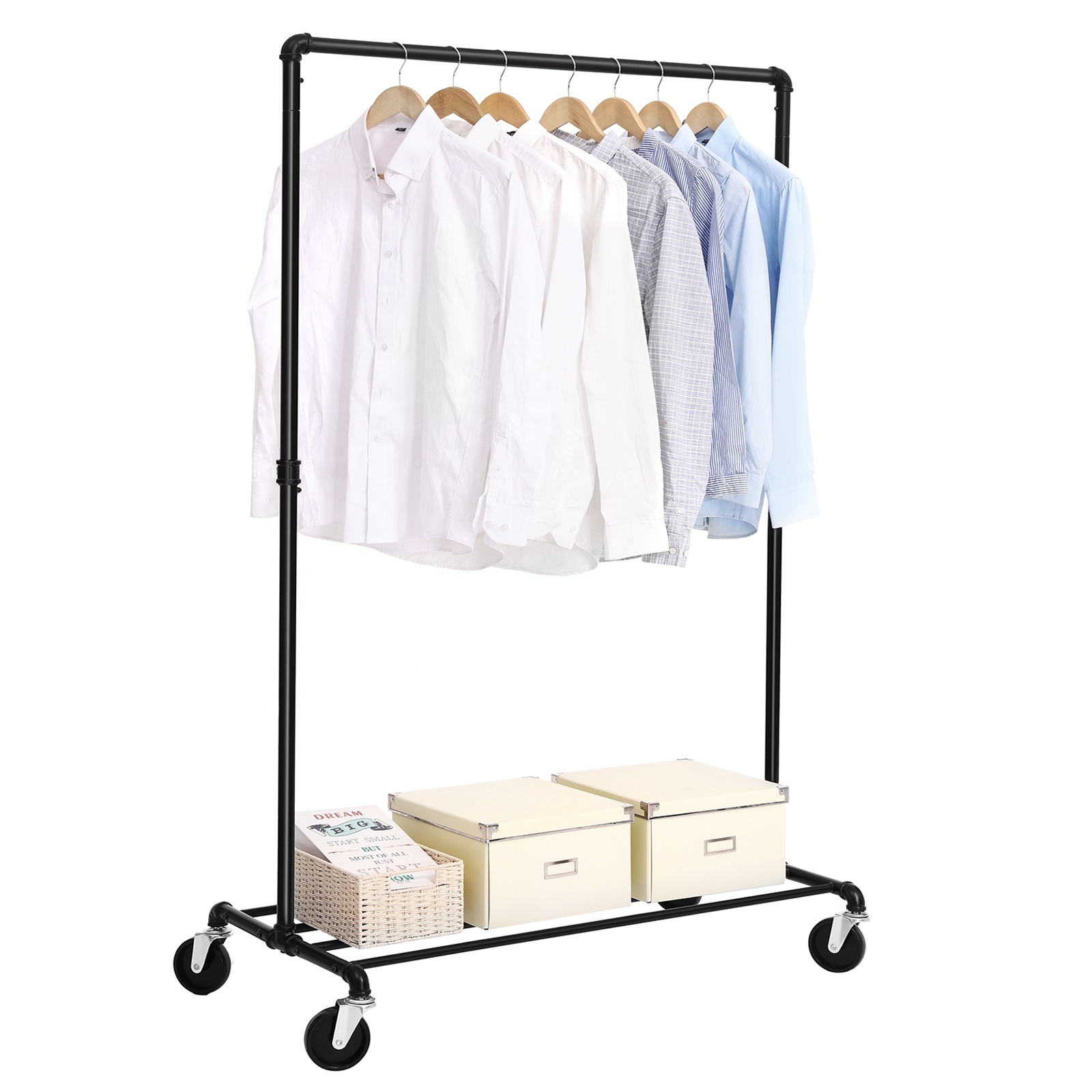 Odyhome Clothing Stand with 1 Clothes Rail and Shelf for Bedroom Laundry Room Heavy Duty Metal Clothes Rack on Wheels