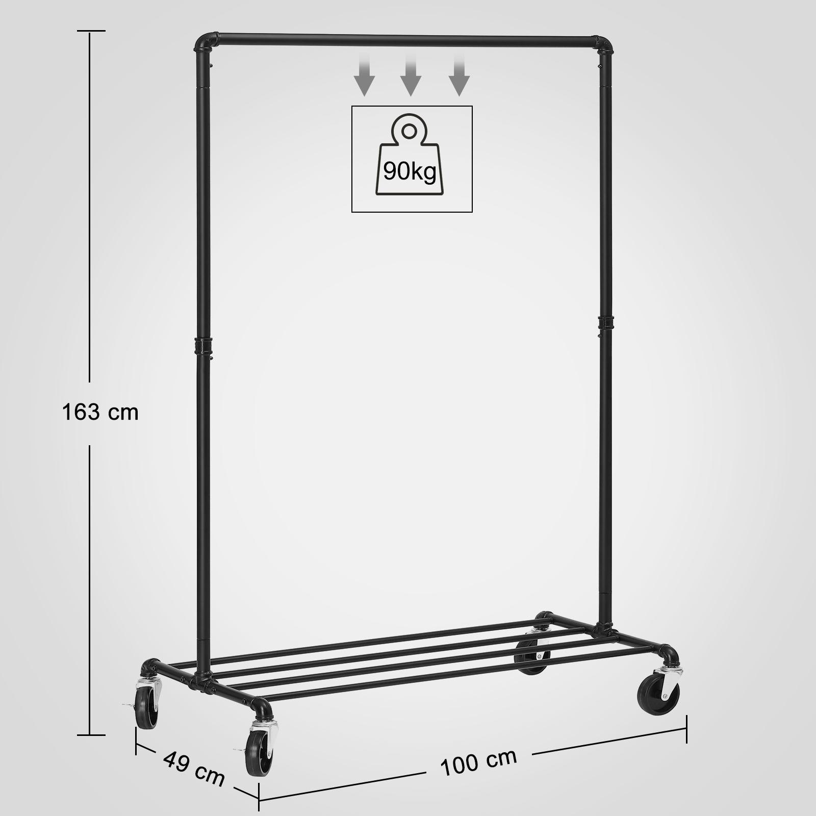 Odyhome Clothing Stand with 1 Clothes Rail and Shelf for Bedroom Laundry Room Heavy Duty Metal Clothes Rack on Wheels