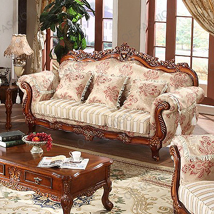 Luxury European Floral Fabric Sofa,wooden carved sofa set furniture