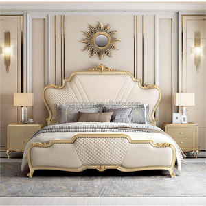 OE-FASHION custom luxury American style bed frame with leather headboard for bedroom furniture gold bed frame