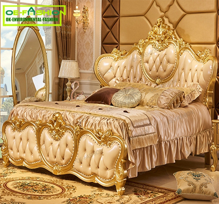 Luxury Design Gold Leaf Carving King Size Bed/ European Classic Royal Luxury Golden Wooden Bedroom