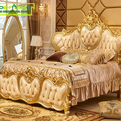 Luxury Design Gold Leaf Carving King Size Bed/ European Classic Royal Luxury Golden Wooden Bedroom