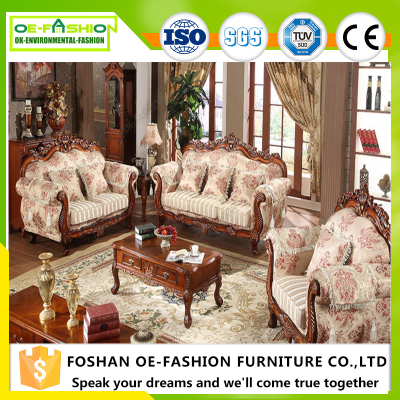 Luxury European Floral Fabric Sofa,wooden carved sofa set furniture