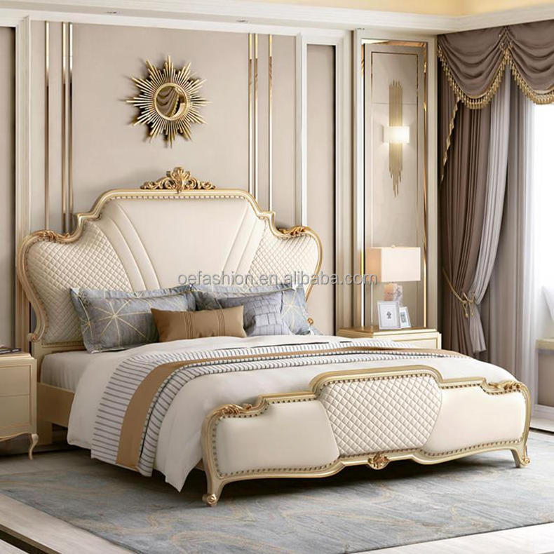 OE-FASHION custom luxury American style bed frame with leather headboard for bedroom furniture gold bed frame