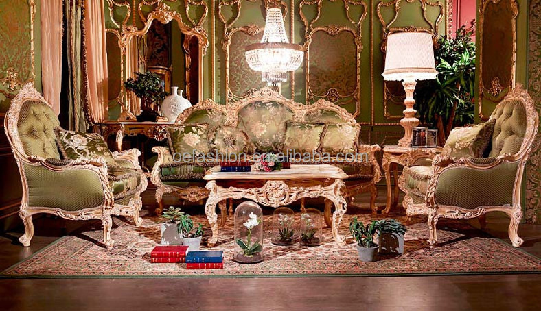 OE-FASHION customized furniture for home European style living room solid wood carved fabric sofa Arc 1+1+3 combination sofa