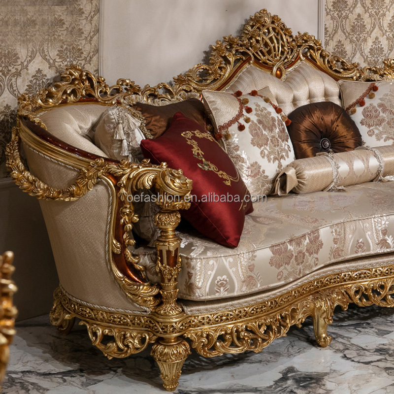 OE-FASHION custom European style solid wood carved gold leaf sofa for home living room furniture