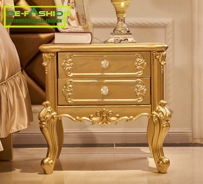 Luxury Design Gold Leaf Carving King Size Bed/ European Classic Royal Luxury Golden Wooden Bedroom