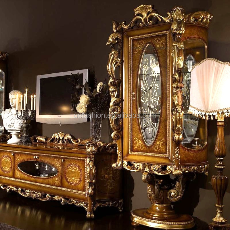 Luxury French Rococo Style TV Stand/Fantacy Vivid Hand Carved Solid Wood TV Cabinet With Display Cabinet, Living Room Furniture