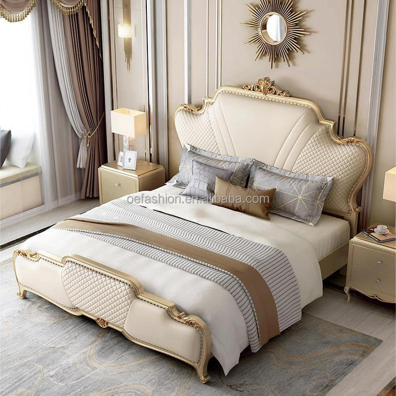 OE-FASHION custom luxury American style bed frame with leather headboard for bedroom furniture gold bed frame