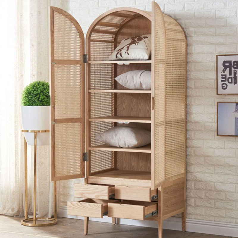 Bedroom Furniture Wooden Clothes Modern Storage Cabinet 2 Door Solid Wood Rattan Cabinets Wardrobes Design Wardrobe Closet