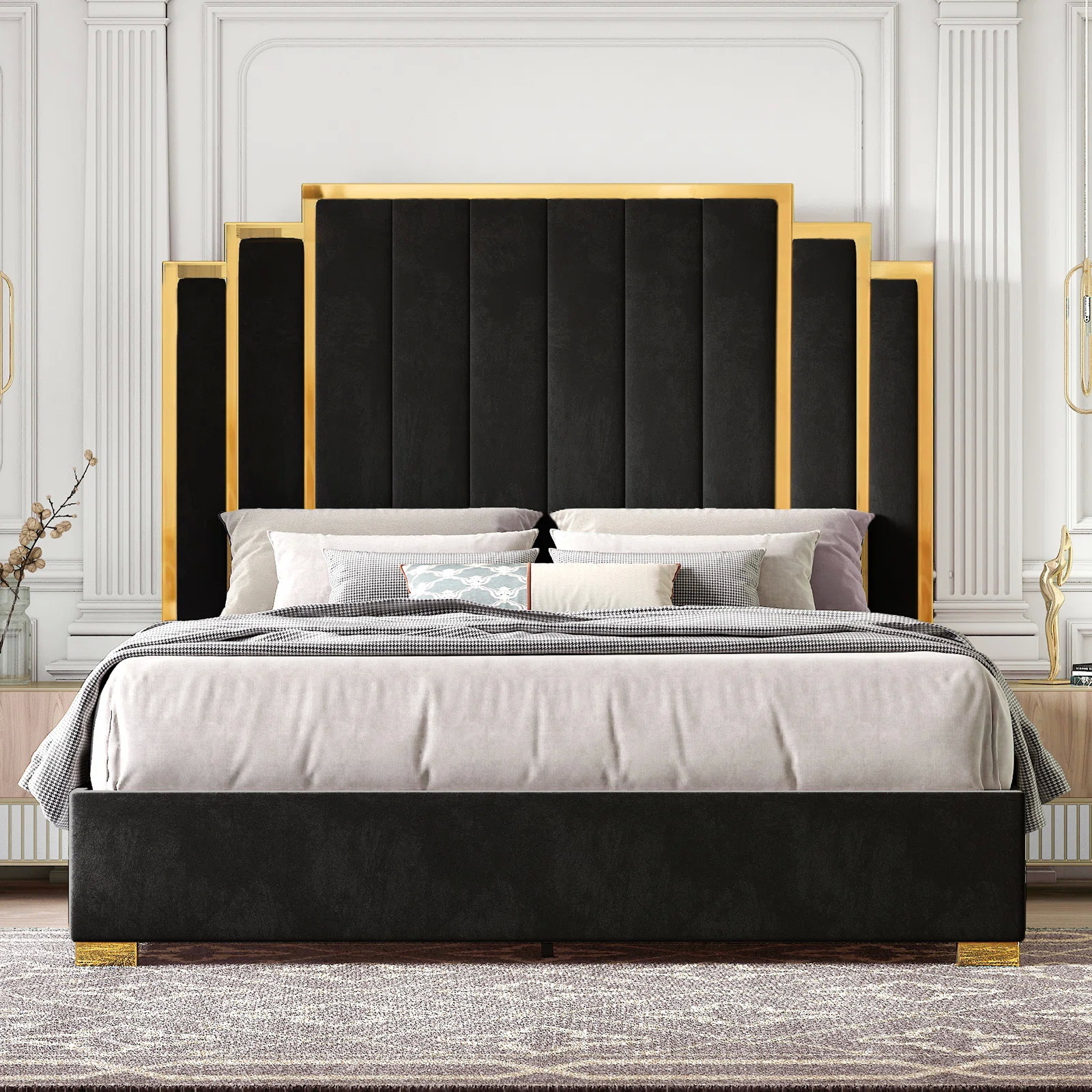 Luxury Fabric King Size Upholstered Platform Beds Modern Wood Frame Headboard Full-Size Black OEM Queen Design Velvet Bed