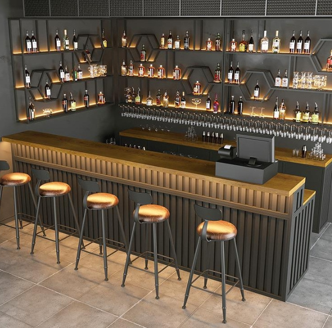 Home Commercial Bar Counter Small Bar Table For Bar With Wooden Tops And Circular Base