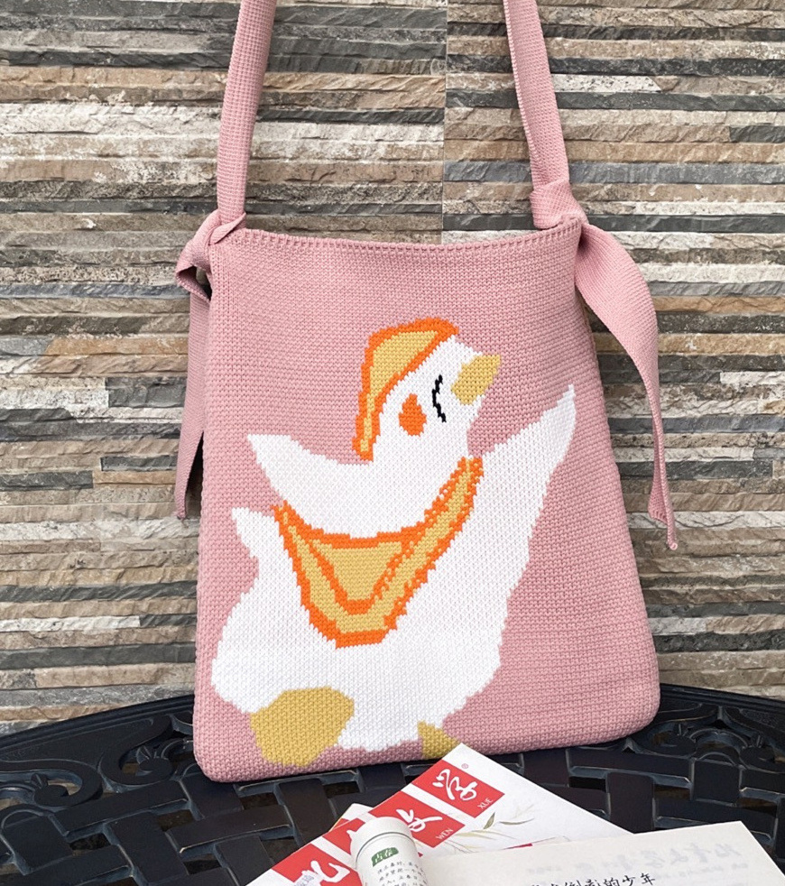 Women's Custom Cute Animals Cartoon Acrylic Knitted Jacquard Logo Shopping Bag Crochet Handbag Knitting Single Shoulder Bag