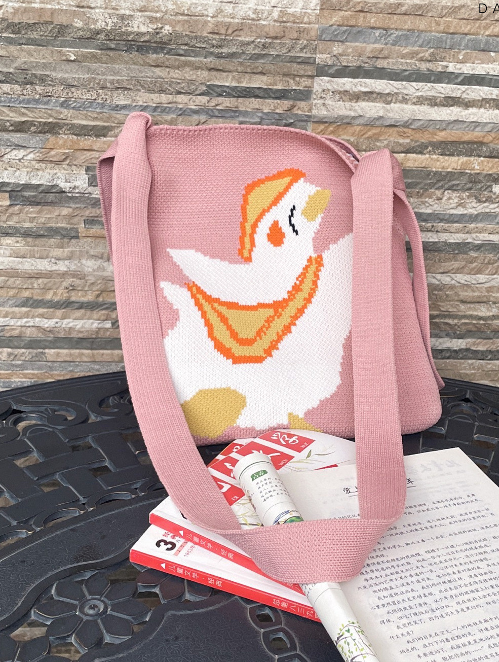 Women's Custom Cute Animals Cartoon Acrylic Knitted Jacquard Logo Shopping Bag Crochet Handbag Knitting Single Shoulder Bag