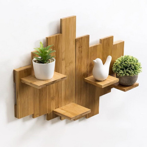 4 Pieces  Natural Bamboo Brown Floating Wall Shelves for Bedrooms and Living Rooms