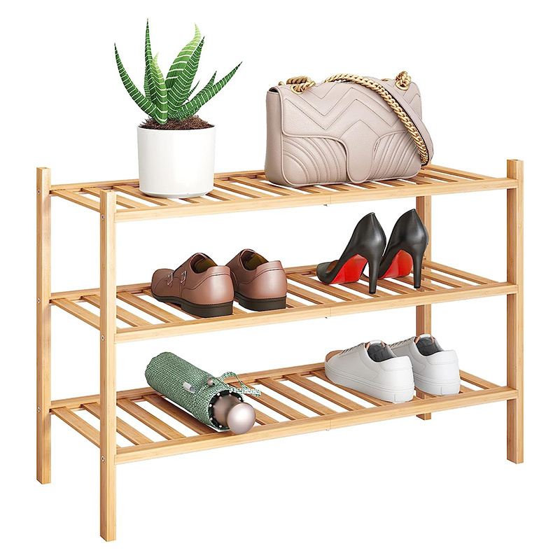 Multifunctional Wooden Shoe Shelf 3-Tier Stackable Bamboo Shoe Rack Storage Organizer for Closet Entryway