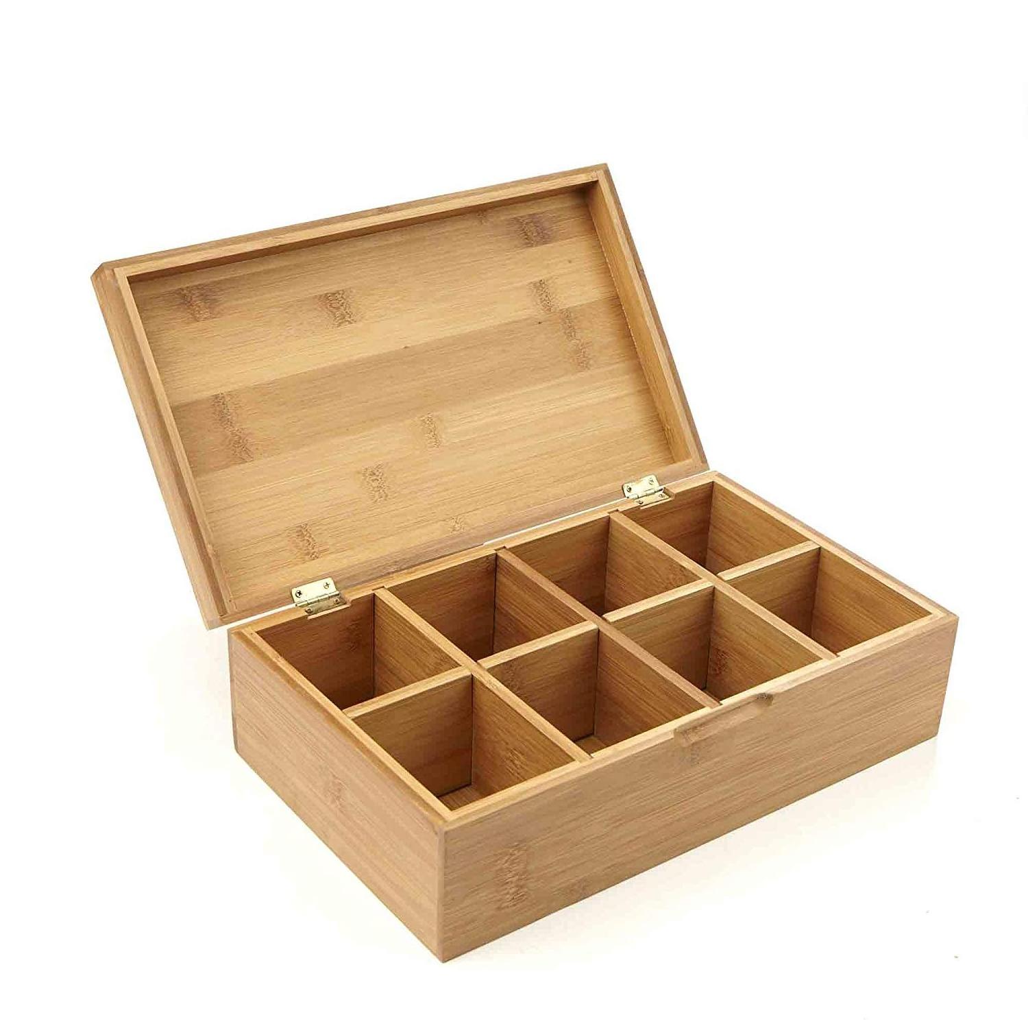 8-Compartment Bamboo Tea Chest for Kitchen Cabinets, Pantry, Offices Tea Bag Organizer Wooden Tea Box