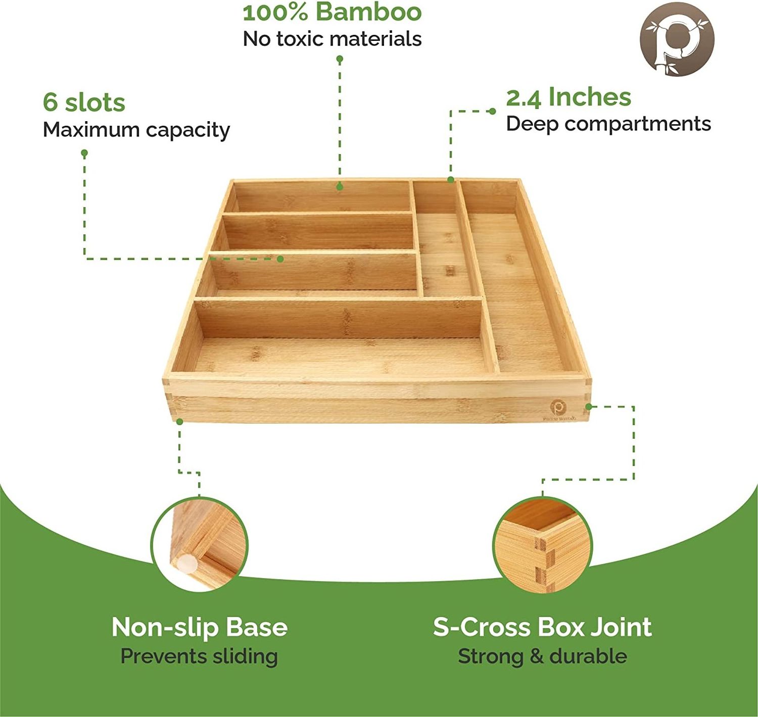 6-Slots Bamboo silverware tray organizer Flatware Utensil Cutlery Silverware Holder for Drawer  Small Extra-Deep Wooden