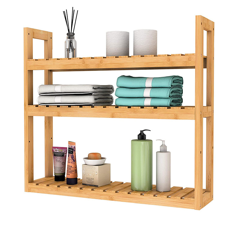 Wholesale Multifunctional Bamboo Bathroom Wall Mounted Organizer Shelf for Home and Kitchen 3-Tier Storage Rack Wall Shelves